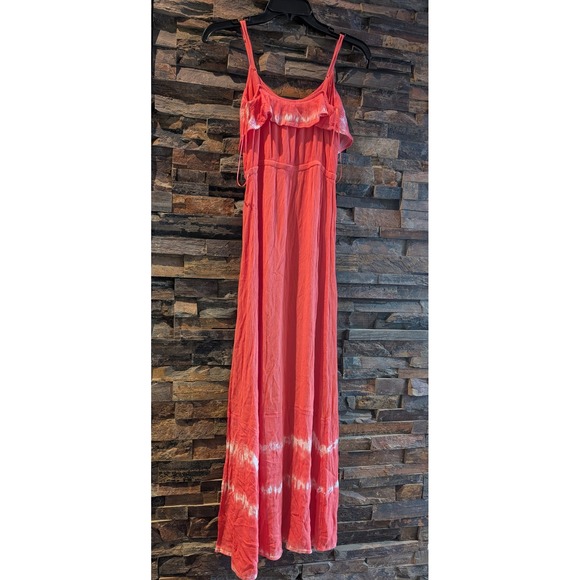 Mudd Womens Maxi Dress XS Coral Pink Tie Dye Sleeveless Ruffle Slit Casual - Picture 6 of 8